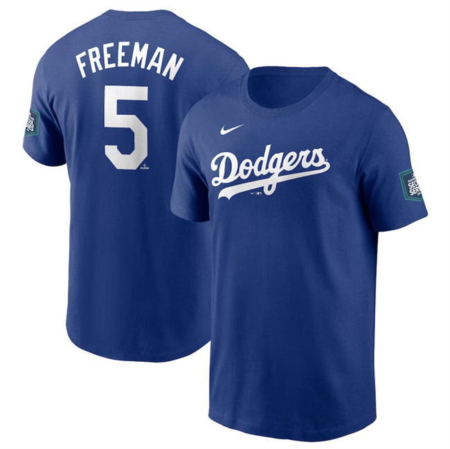Men's Los Angeles Dodgers #5 Freddie Freeman Royal 2024 World Tour Seoul Series Name & Number T-Shirt